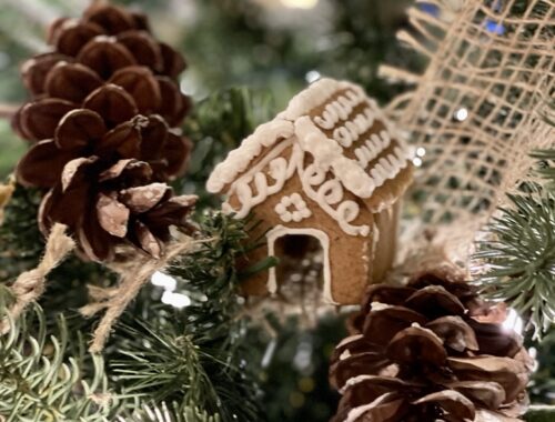 gingerbread house on Christmas tree