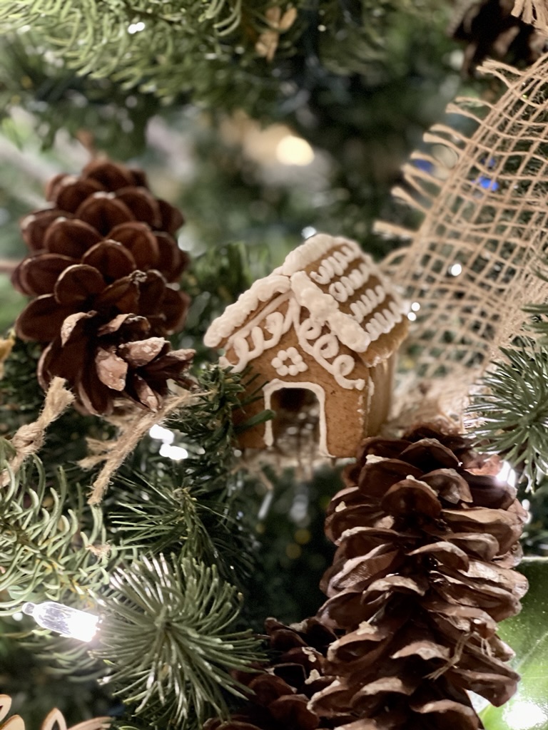 gingerbread house on Christmas tree