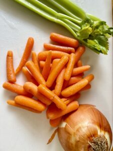 onion, celery, carrots for gluten free chicken and dumplings