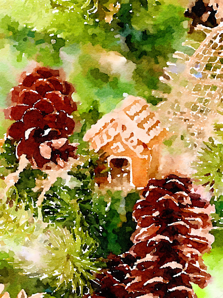 watercolor photo with pine cones and gingerbread house on Christmas tree