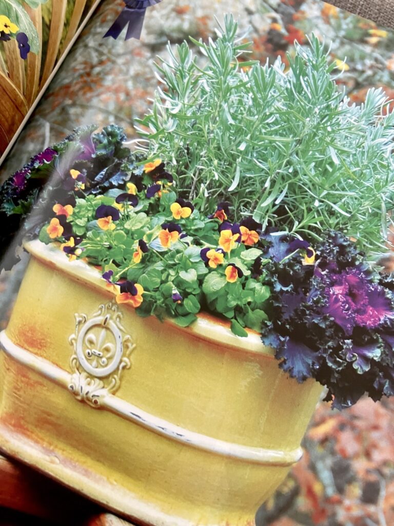 Pamela Crawford book photo ofYellow Planter with rosemary, flowers and lettuces