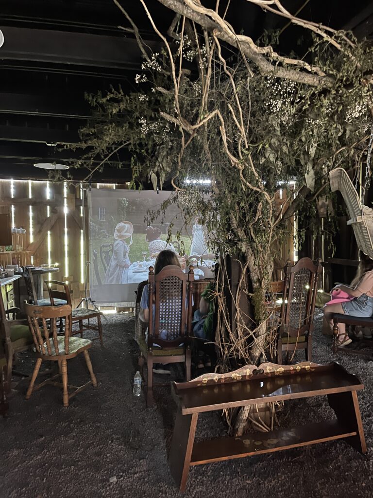 inside barn with Sense and Sensibility playing