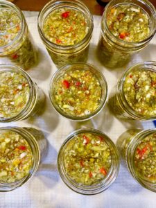 sweet pickle relish added to jars