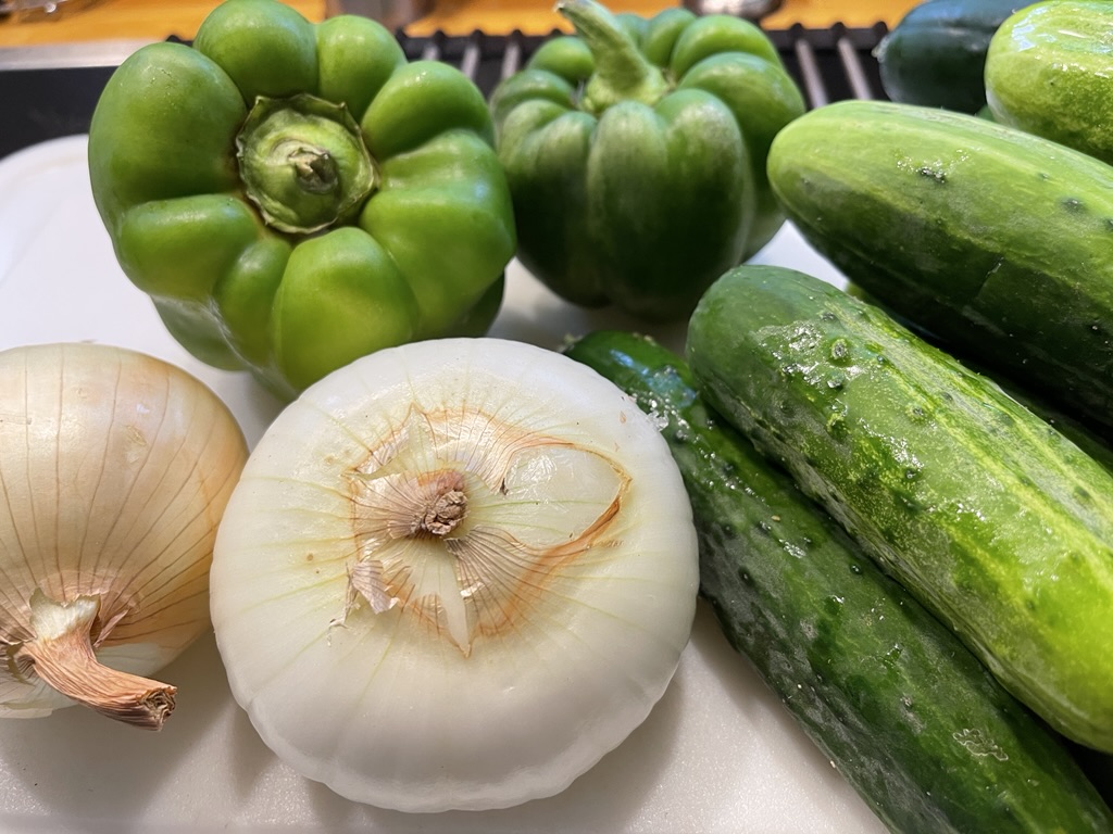 cucumbers, onions and peppers
