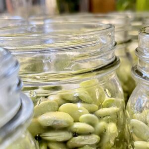 Close up of jar of raw lima beans