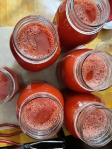 Overhead view of tomato juice in canning jars