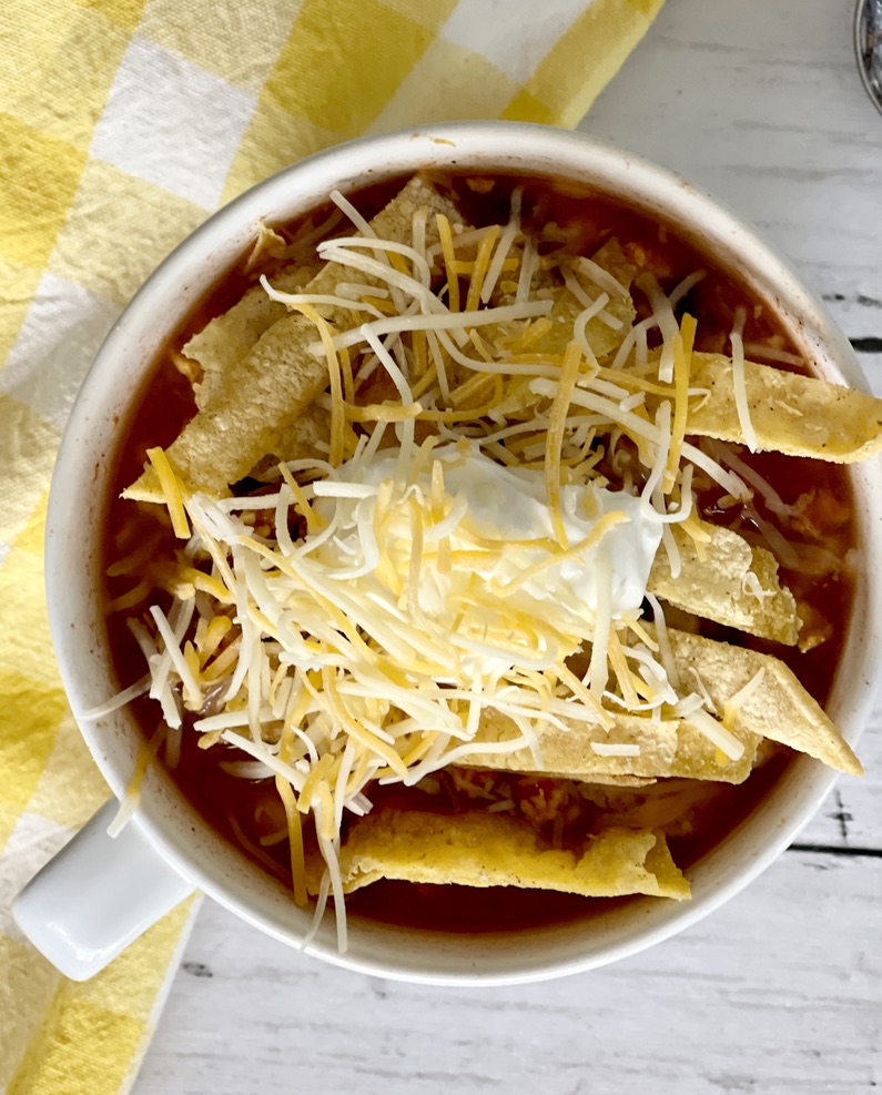 overhead view of bowl of taco soup recipe