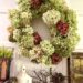 fall hydrangea wreath hung on mantel