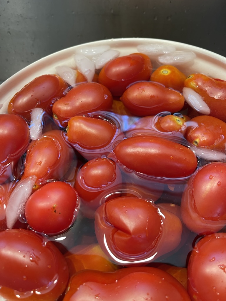 Adding Roma tomatoes to ice water before peeling to can