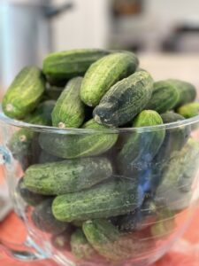 cucumbers in bowl for dill pickle recipe