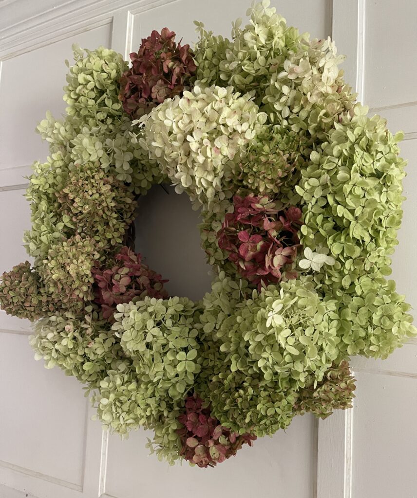 Side view of fall hydrangea wreath