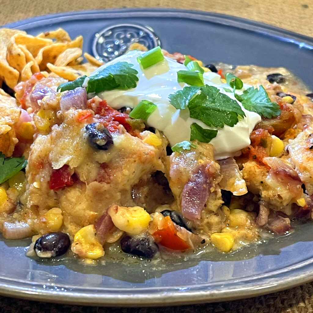 Plate of chicken enchilada crockpot casserole