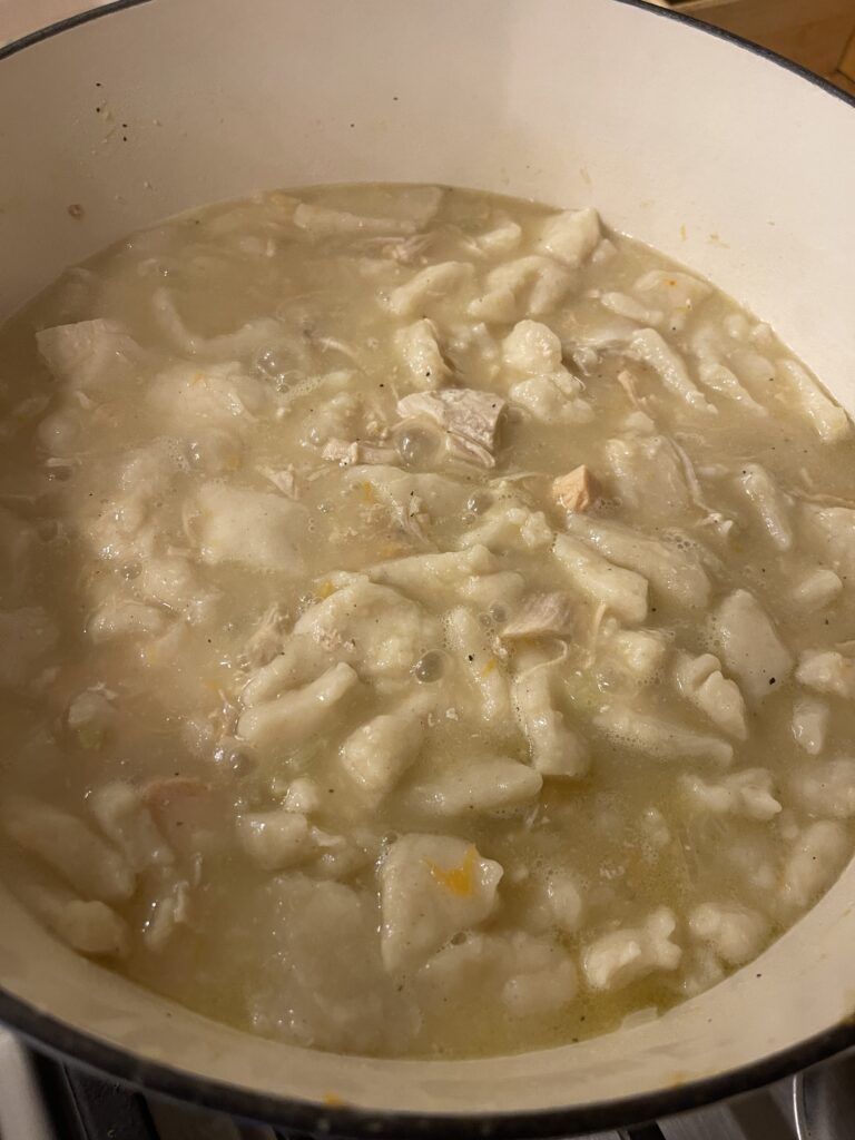 pot of gluten free chicken and dumplings