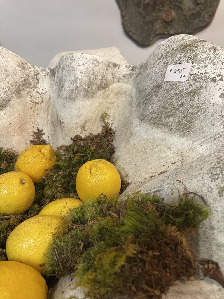 concrete planter with moss and lemons Nashville Antiques and Garden Show 2024