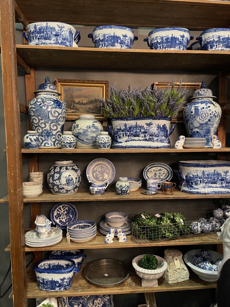 Nashville Antique and Garden Show blue dishes in hutch 2023
