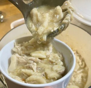 ladling chicken and dumplings into a bowl