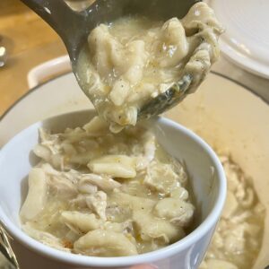 ladling chicken and dumplings into a bowl