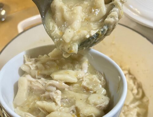 ladling chicken and dumplings into a bowl