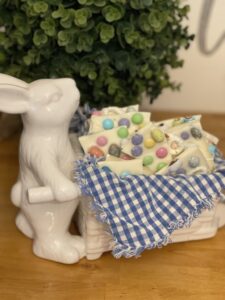 Easter bunny server filled with Easter chocolate bark candy