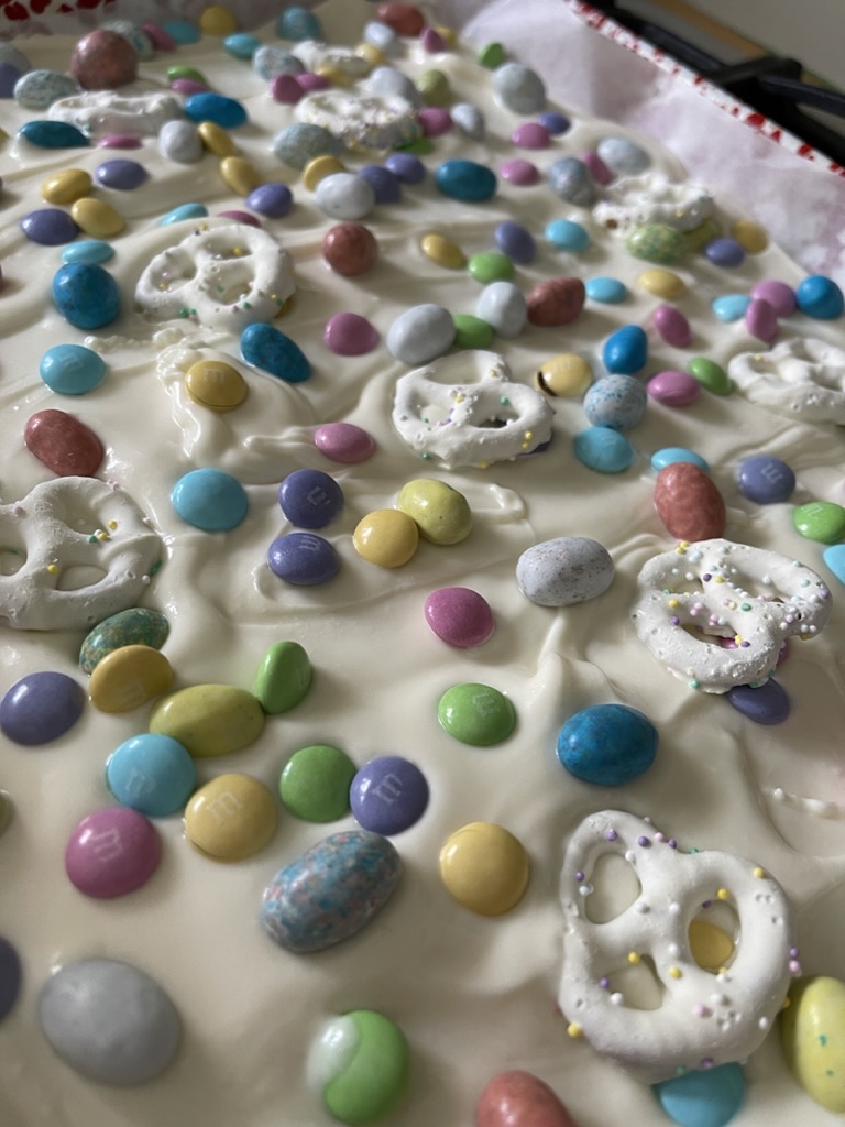 add Easter candy and pretzels to white chocolate Easter bark for candy