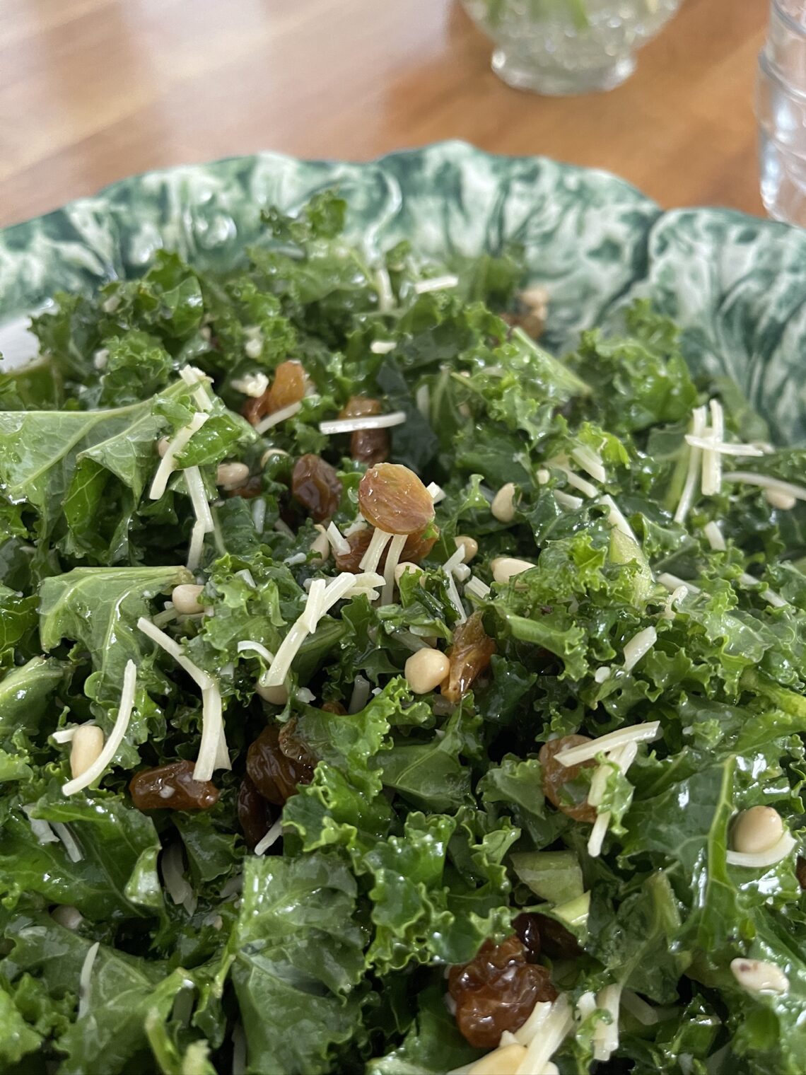 kale salad with raisins, Parmesan and pine nuts