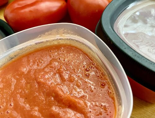 Roasted tomato sauce in freezer container