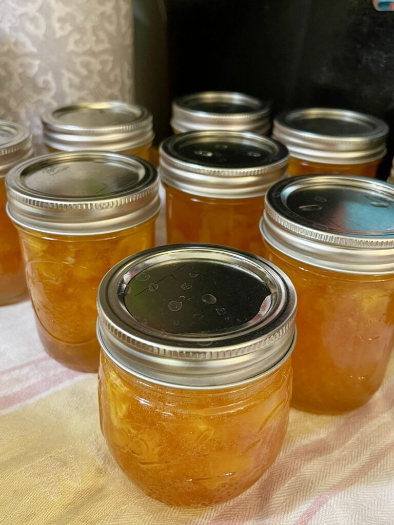 canned half pint jars of homemade peach jam