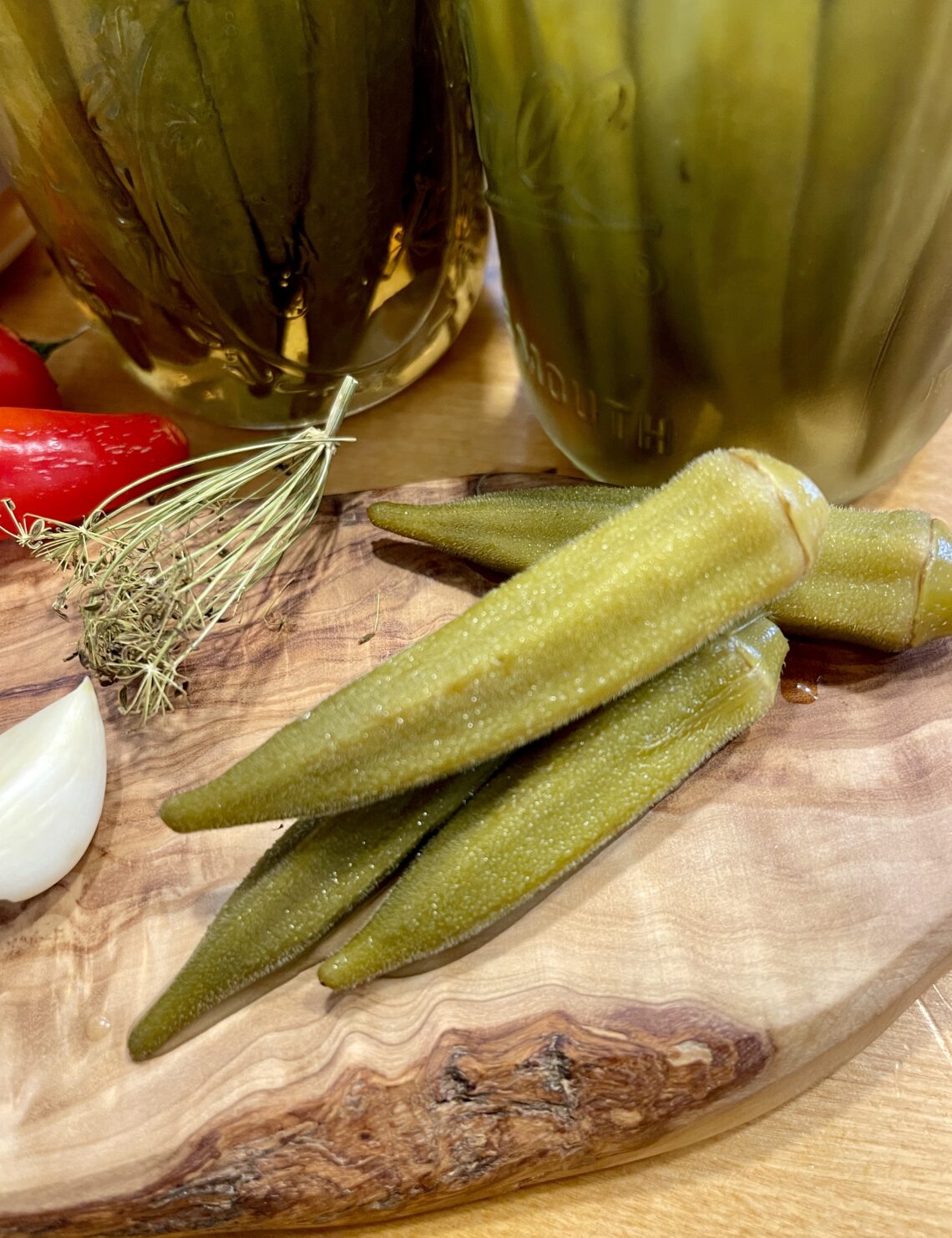 pickled okra on serving board