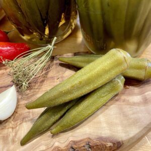 pickled okra on serving board