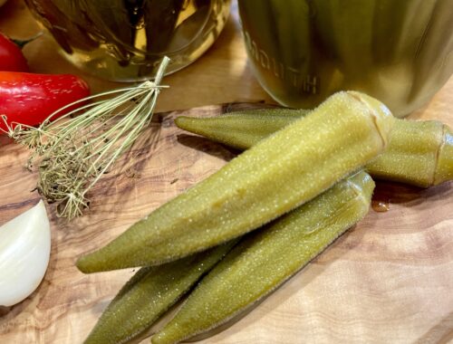 pickled okra on serving board