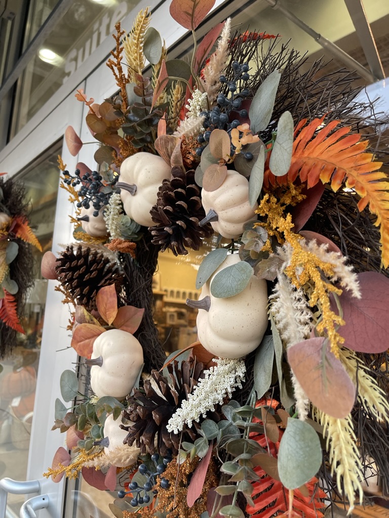 Kirkland's fall wreath with pumpkins and pine cones