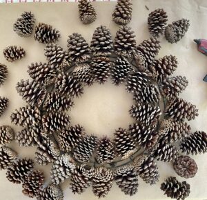 inside row of pine cones attached to wreath form