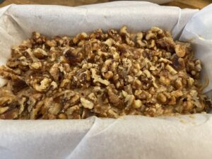 glazed nut topping added to apple bread batter before baking