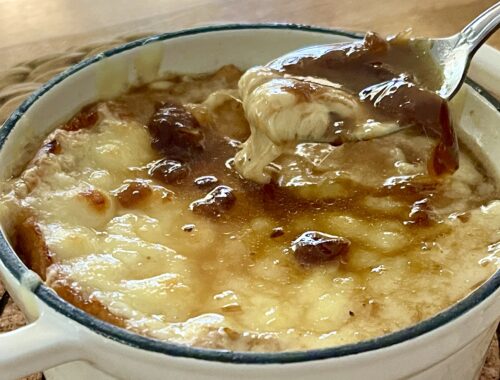 French Onion soup in cast iron serving tureen