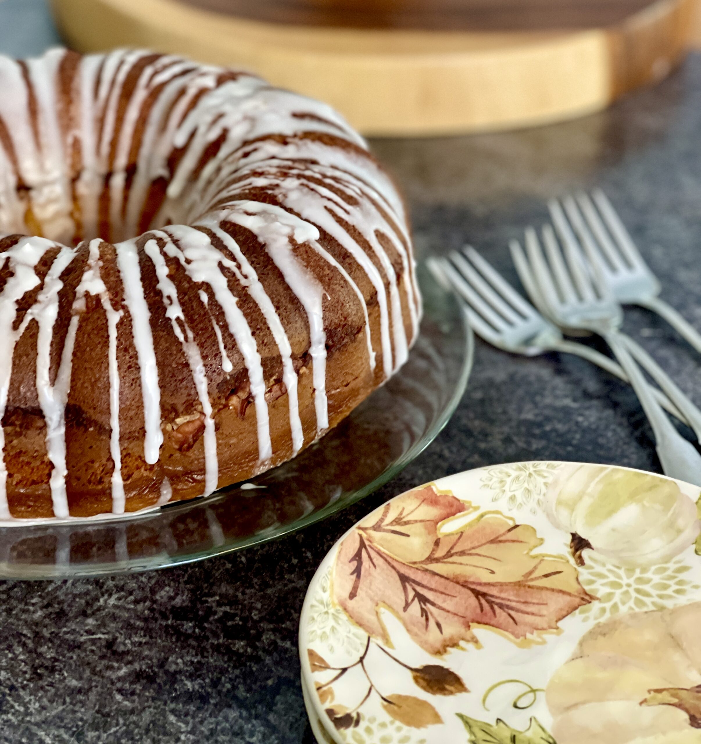 cinnamon roll cake with fall dishes