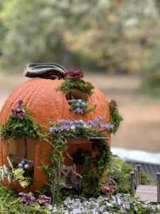 add moss, gravel, and dried flowers to complete your pumpkin fairy house setting