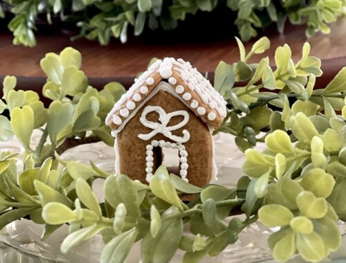 white charger, clear plate with gingerbread house