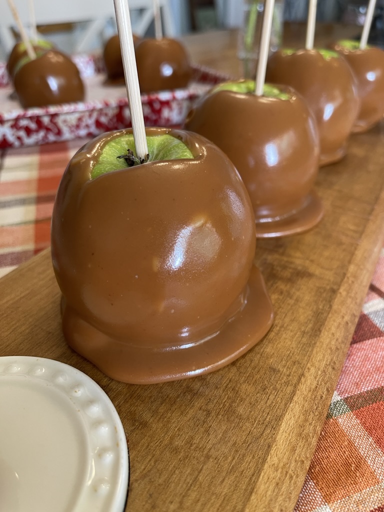 caramel apples on serving tray