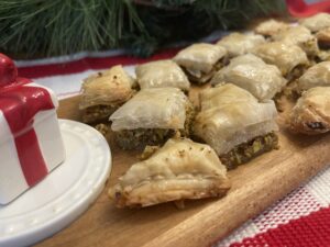 Lebanese Baklava served on a wooden tray