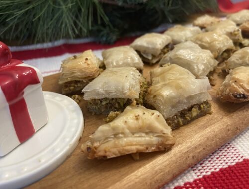 Lebanese Baklava served on a wooden tray