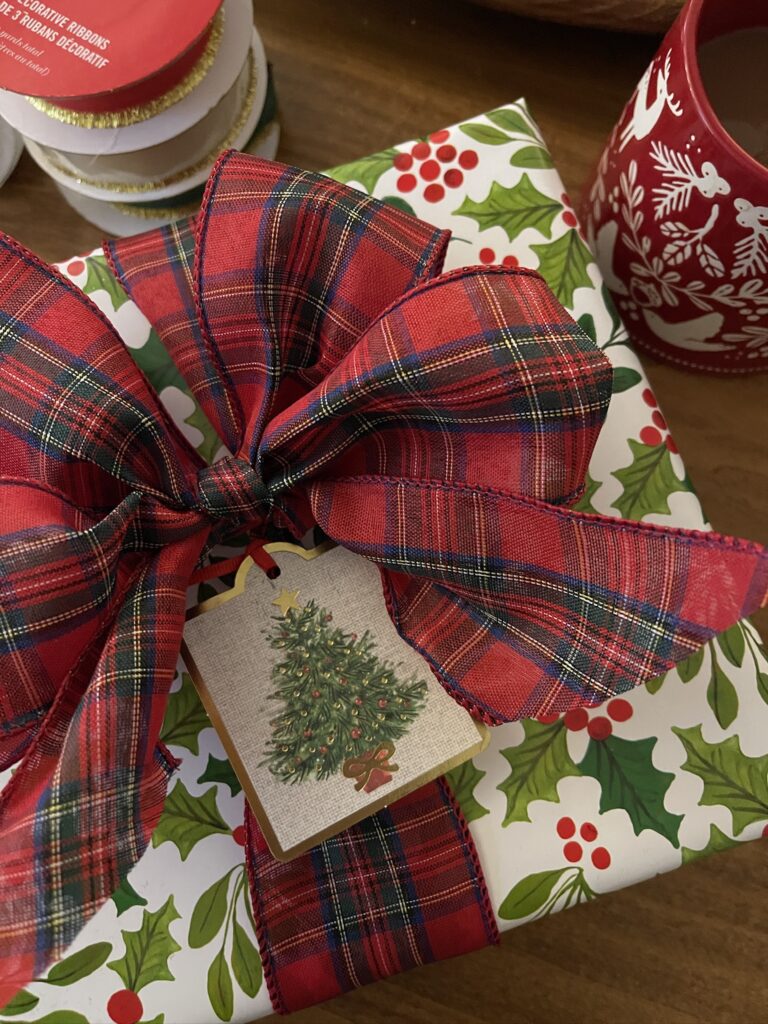 Christmas gift wrapped with plaid bow