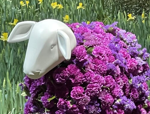 Purple floral sheep in the entrance garden at the 2025 Antiques and Garden Show of Nashville