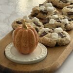 feature s'mores cookie on serving tray with pumpkin