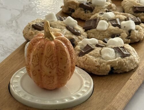 feature s'mores cookie on serving tray with pumpkin