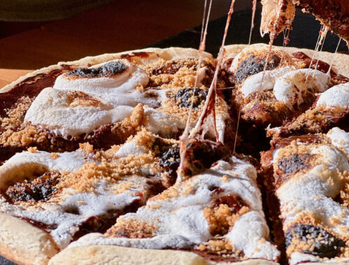 Campfire S'mores Pizza, sliced