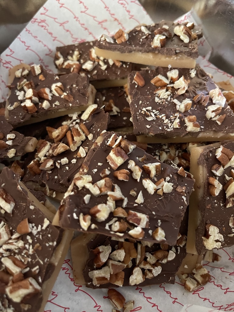 English toffee with parchment paper for storage