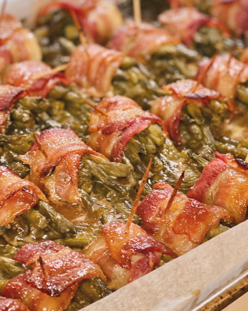 green bean bundles in pan close up