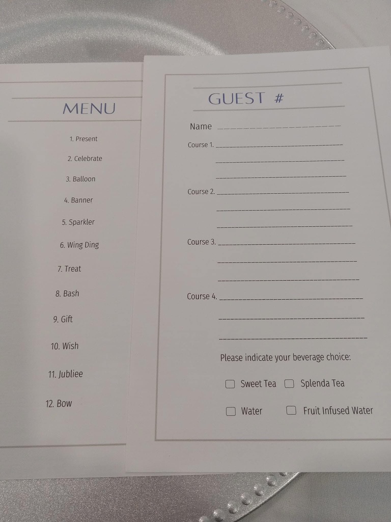 Menu and sheet to fill out for the mystery birthday luncheon