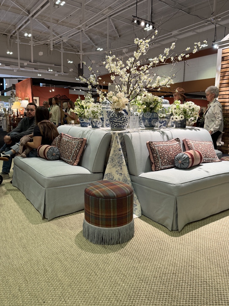 blue and white elegant seating area 2026 Antiques & Garden show of Nashville