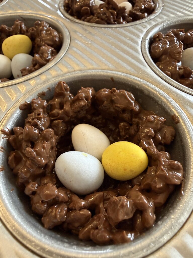 filled Cocoa Krispies bird nests